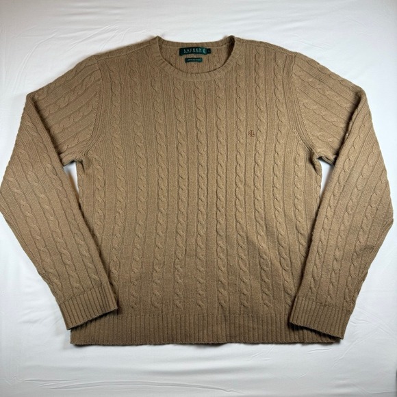 Vintage Lauren Ralph Lauren 100% Cashmere Cable Knit Sweater Camel Tan Large Y2K
